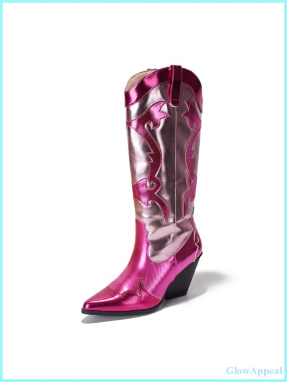 Metallic Faux Leather Cowboy Boots Pointed Toe 3 Inch Heel Mid Calf